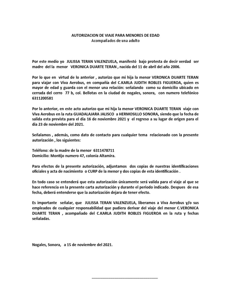 Autorizacion de Viaje para Menores de Edad | PDF
