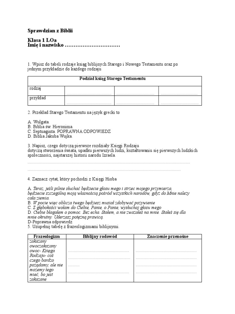 Test Z Biblii Liceum Z Odpowiedziami