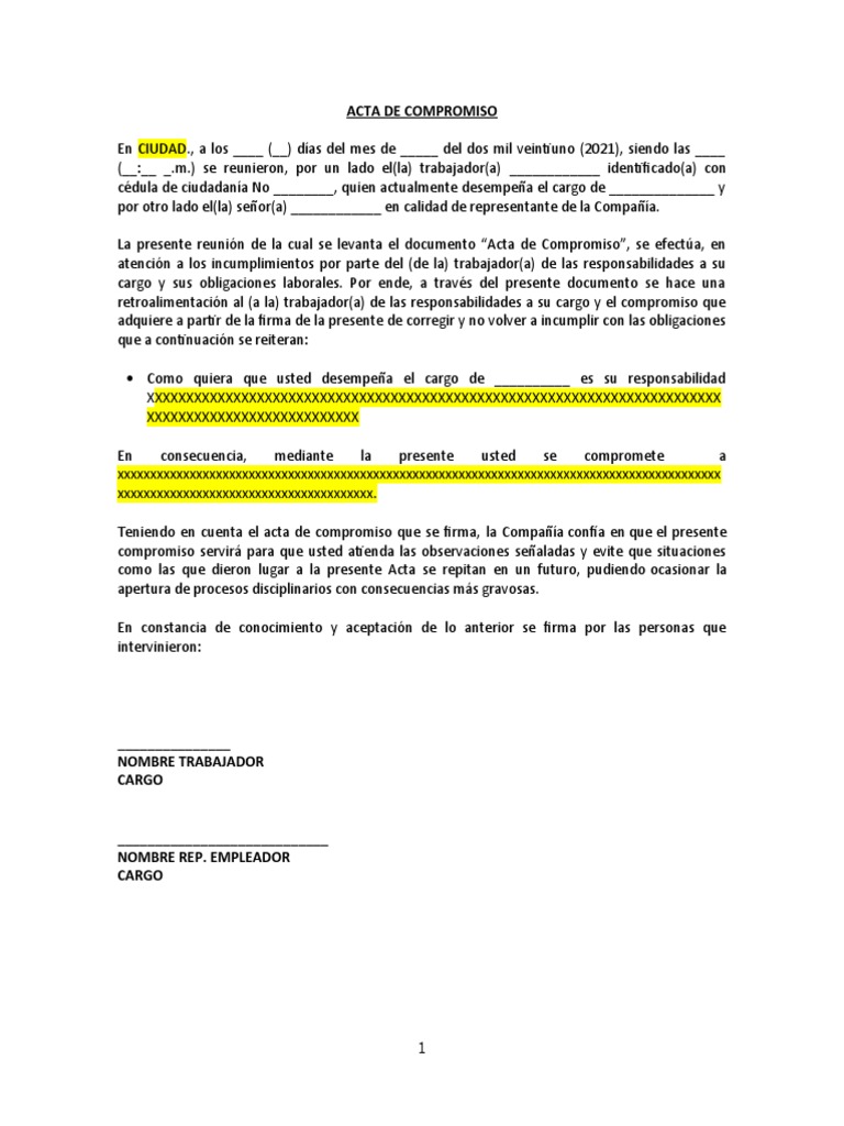 Acta de Compromiso Laboral 2021 | PDF