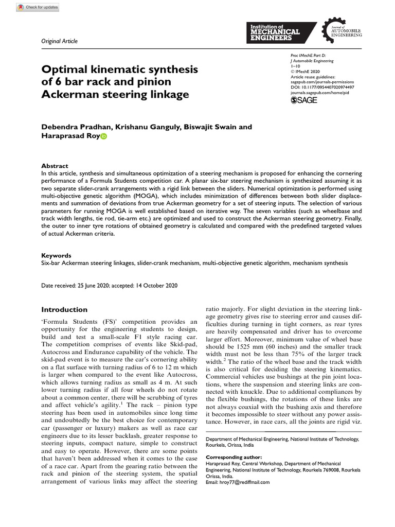 Optimal Kinematic Synthesis of 6Bar Rack and Pinion Ackerman Steering