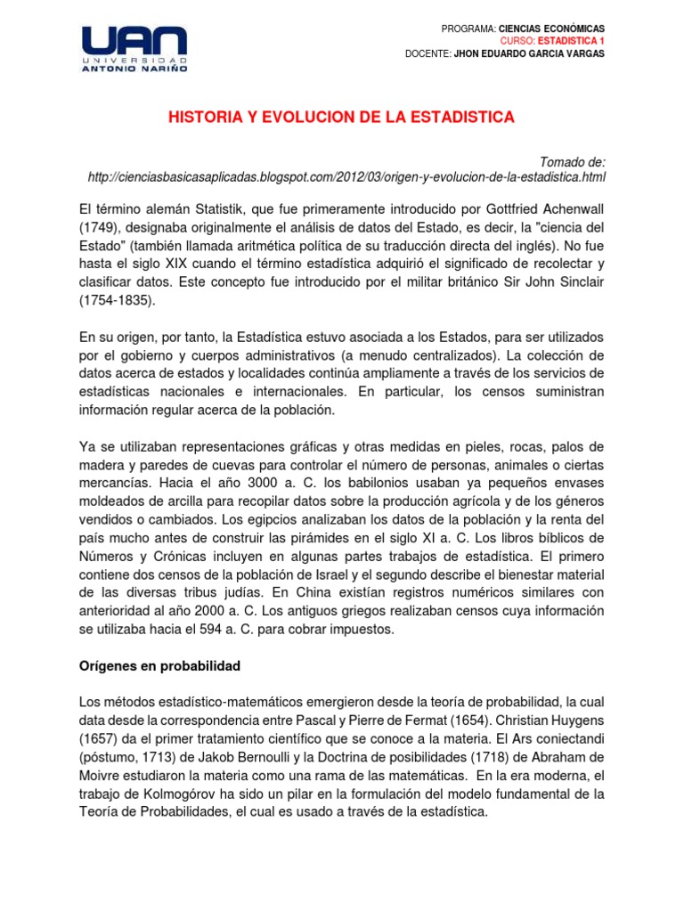E1 S1 Lectura 1 Historia De La Estad stica PDF Estad sticas 