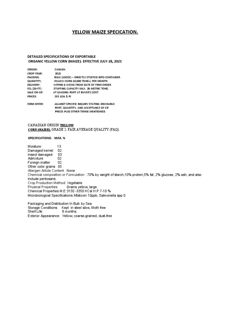 Organic Yellow Maize Export Specs | PDF
