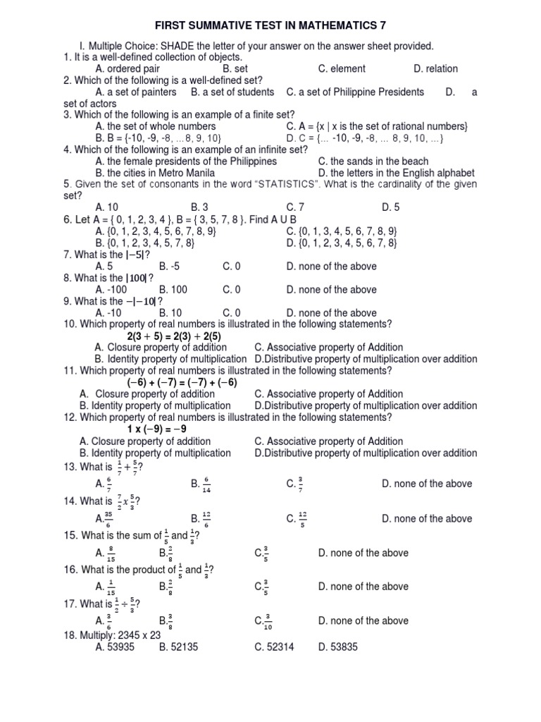 Math 7 q1 Summative | PDF | Numbers | Rational Number