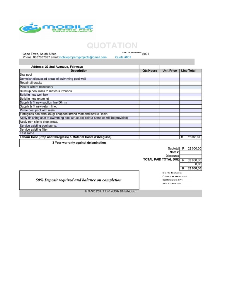 Swimming Pool Renovation Quotation | PDF