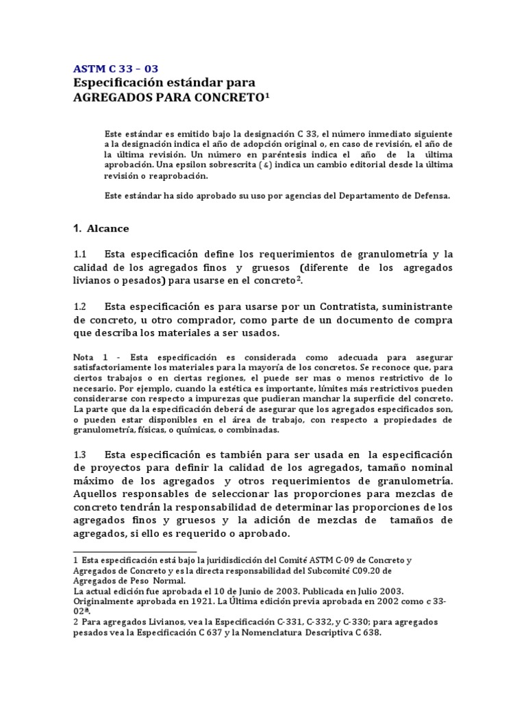 Especificación ASTM C 33 para Agregados | PDF | Hormigón | Cemento
