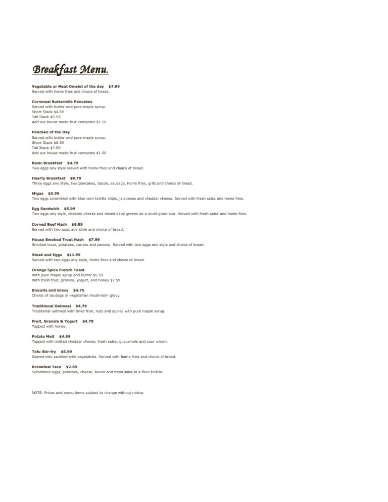 Breakfast Menu with Prices and Options | PDF | Cooking, Food & Wine
