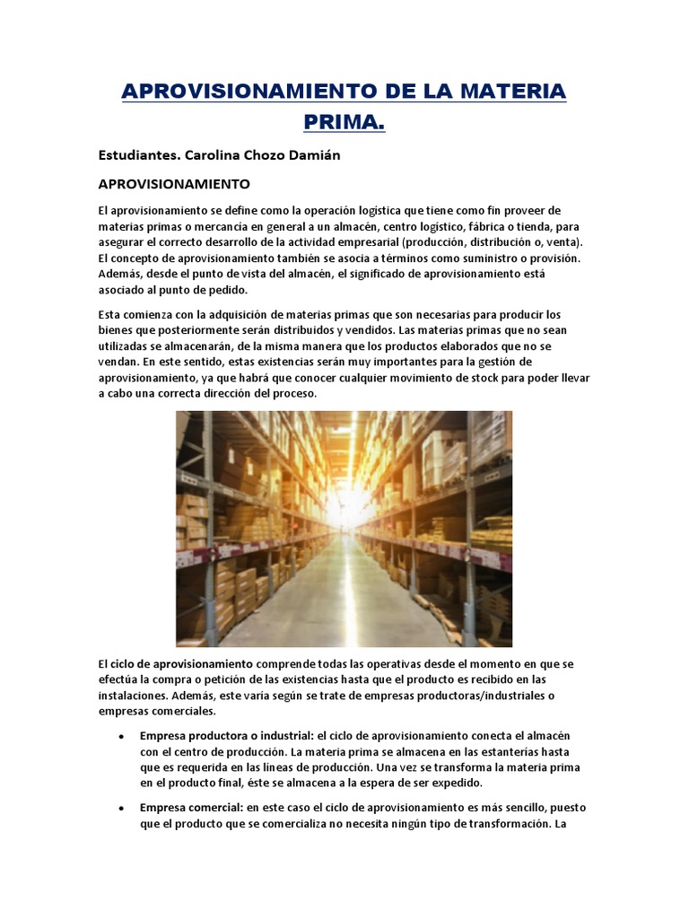 Aprovisionamiento de La Materia Prima | PDF | Obtención | Calidad ...