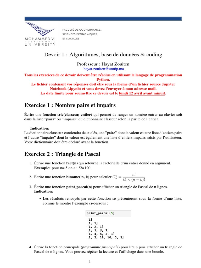 Devoir Algorithmes et Python 1ère année | PDF | Informatique ...