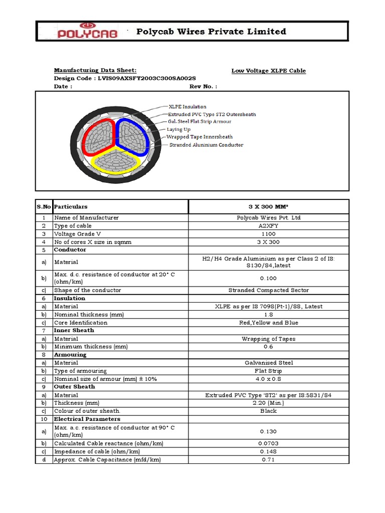 Polycab 300mm 3 Core Aluminium Armoured Cable Specification Sheet PDF