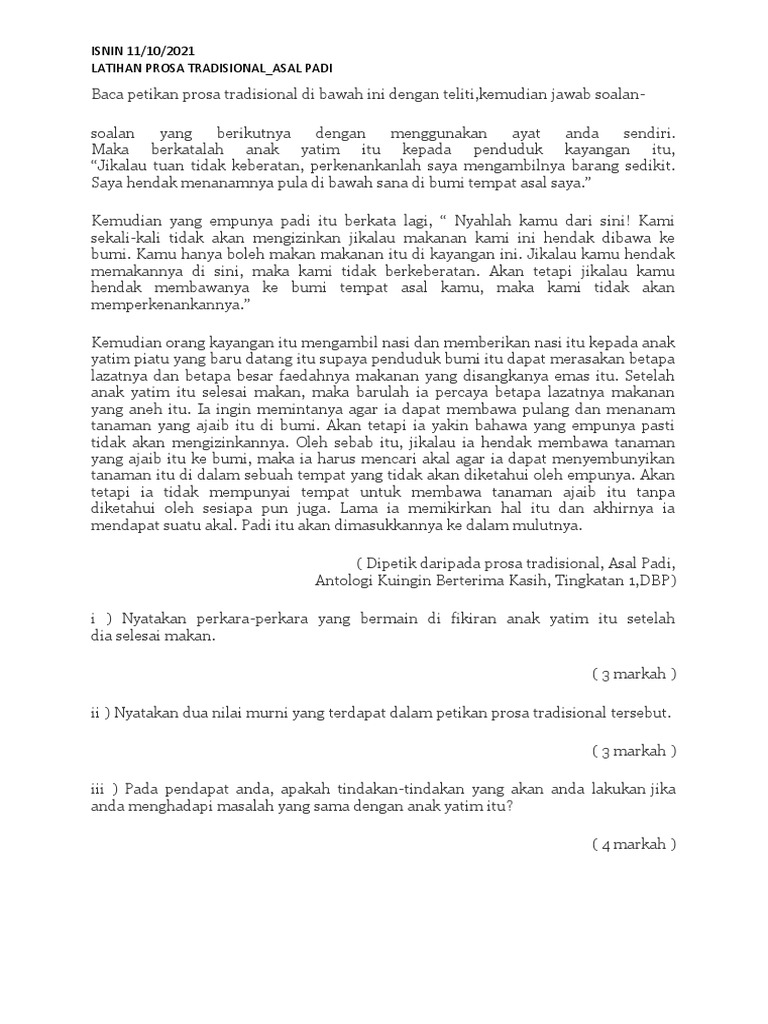 Latihan Prosa Tradisional Asal Padi | PDF