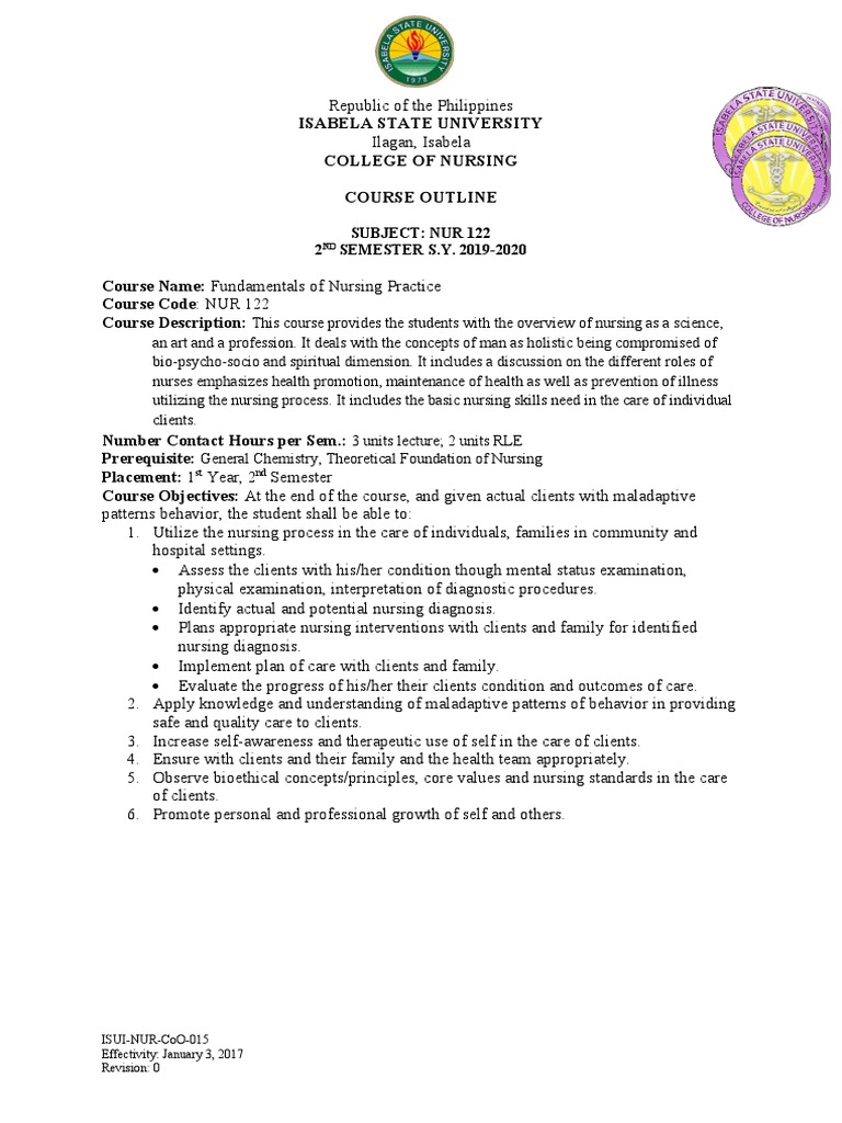 Course Outline Nur 122 | PDF | Nursing | Profession