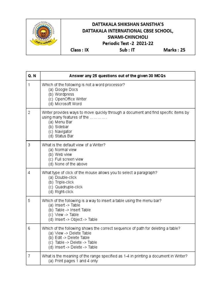 9th-IT Periodic Test 2-AY 2021-22 | PDF | Software | Computing