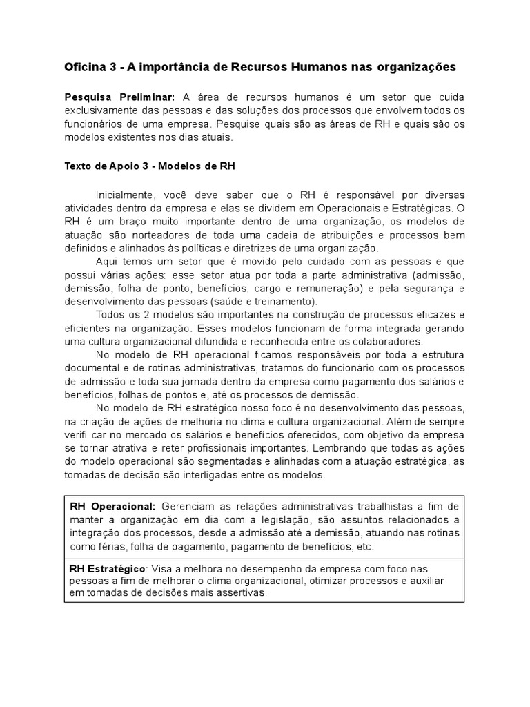 Texto De Apoio 3 A Import ncia De Recursos Humanos Nas Organiza es 