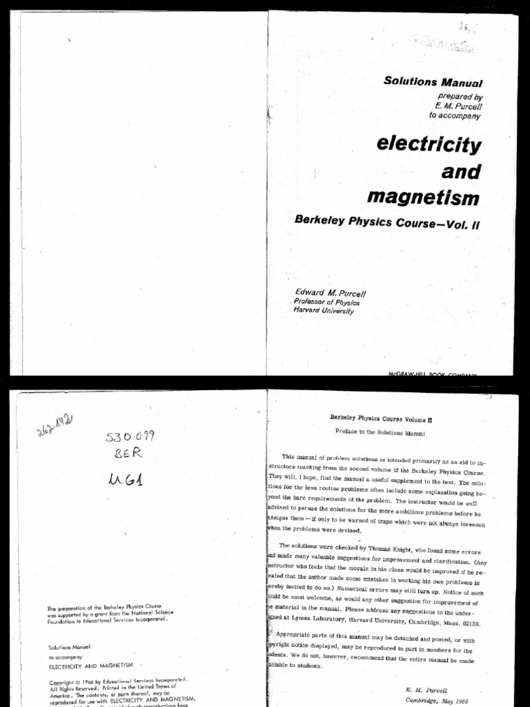 Berkeley Physics Course Vol 2 Solutions Manual To Accompany #39 Electricity and Magnetism #39 by