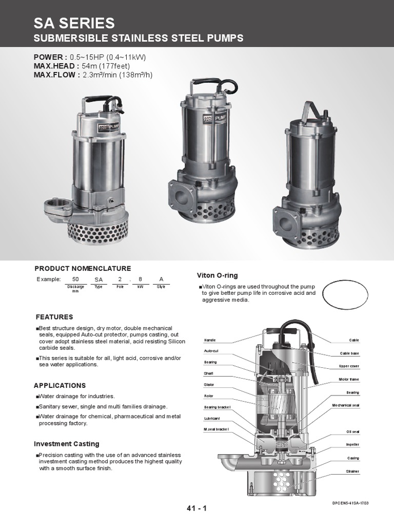 SA Series Submersible Pumps Overview | PDF | Pump | Electric Motor