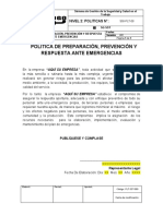 Sgi-Plt-09 Política de Preparación, Prevención y Respuesta Ante Emergencias