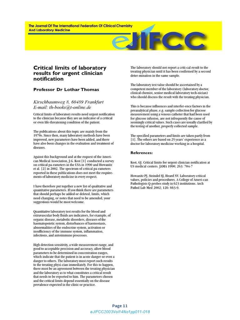 Critical Lab Results for Clinicians | PDF | Medicine | Diseases And ...