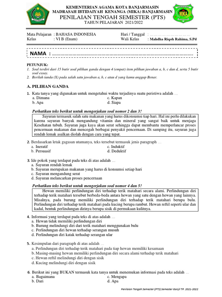 Soal Pts B Indo Kelas 6b Sem 1 2021 Pdf