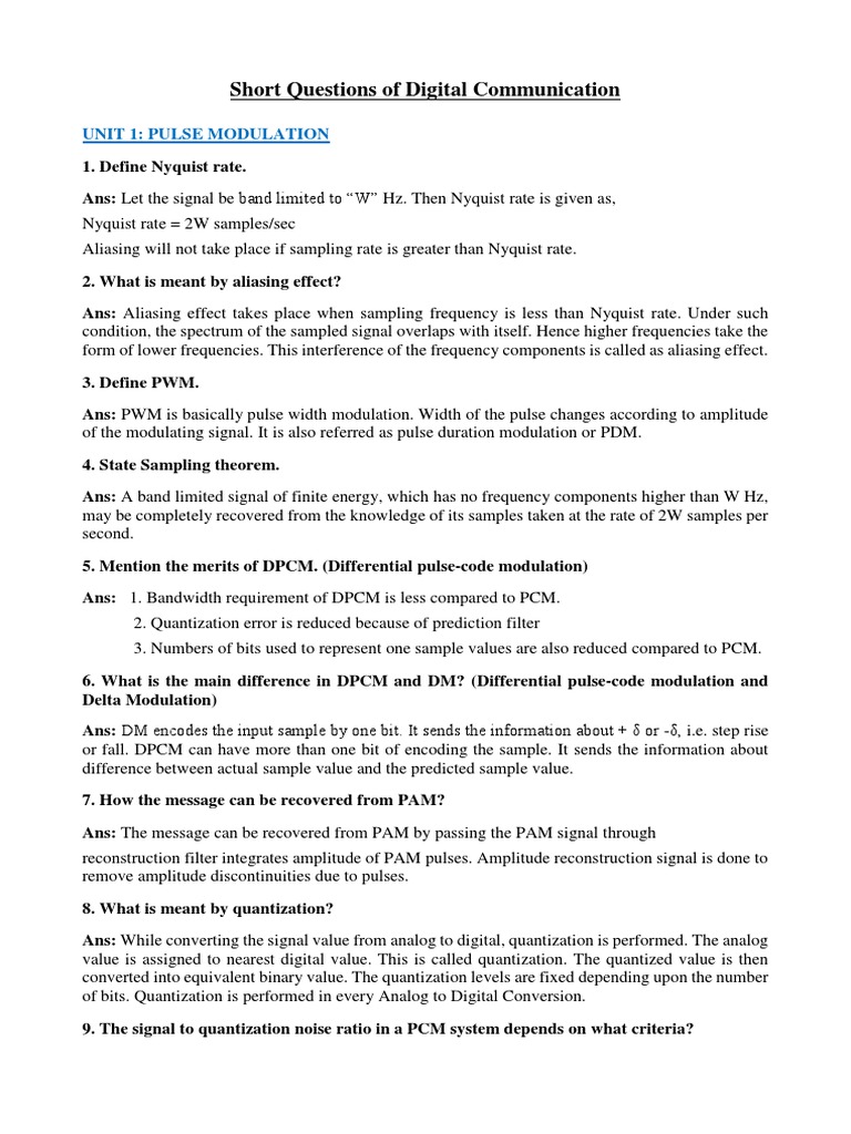 Short Questions of Digital Communication: Unit 1: Pulse Modulation ...
