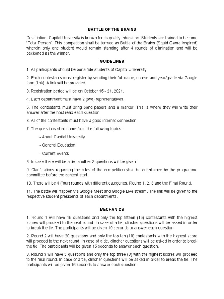 Battle of The Brains Mechanics | PDF