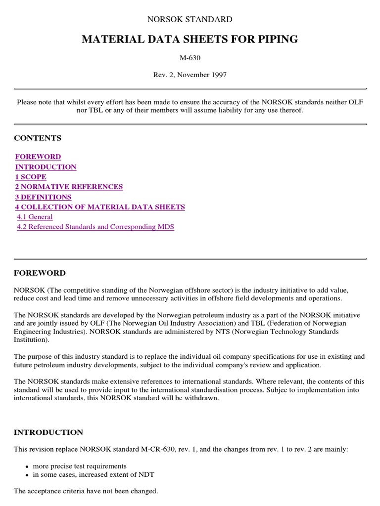 NORSOK M-630 Piping Material Standards | PDF | Stainless Steel | Steel