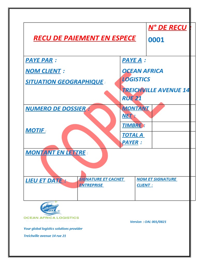Modèle de reçu de paiement en espèces | PDF