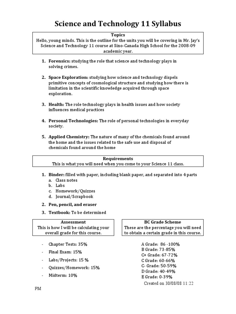 Science and Technology 11 Syllabus | PDF