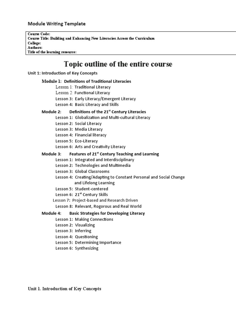 Topic Outline of The Entire Course: Module Writing Template | PDF ...