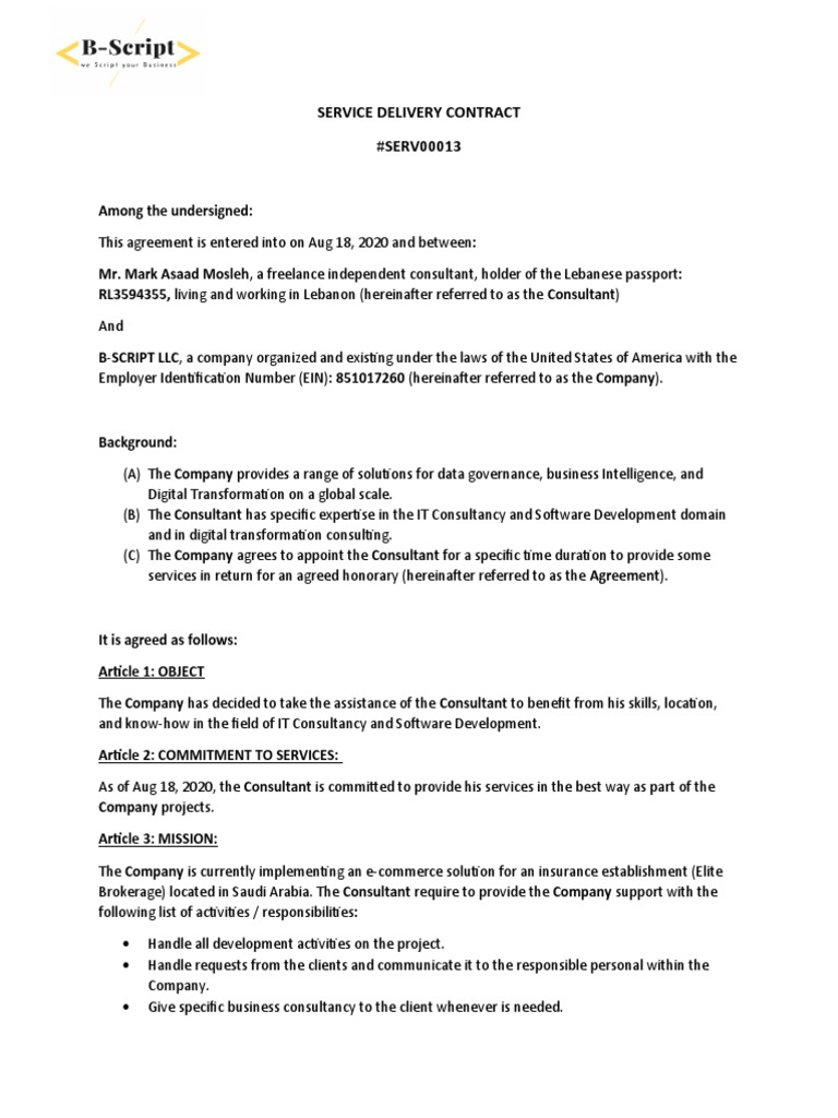 Template - SERVICE DELIVERY CONTRACT | PDF | Consultant | Business