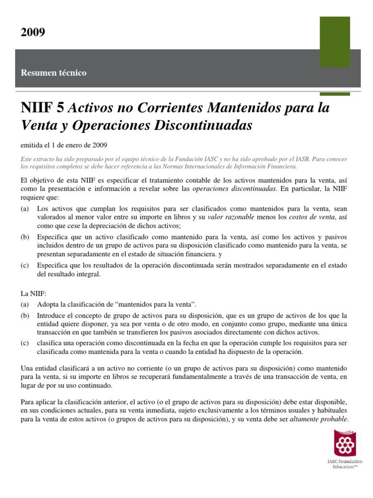 Resumen Tecnico Niif 5 | PDF | normas internacionales de INFORMACION ...
