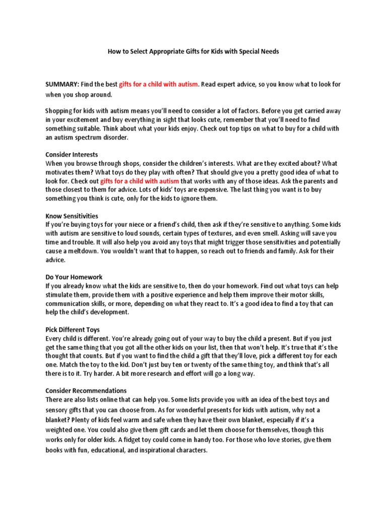 How To Select Appropriate Gifts For Kids With Special Needs PDF Toys Autism