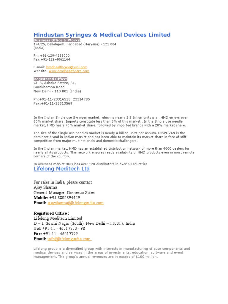 Hindustan Syringes & Medical Devices Limited Lifelong Meditech LTD