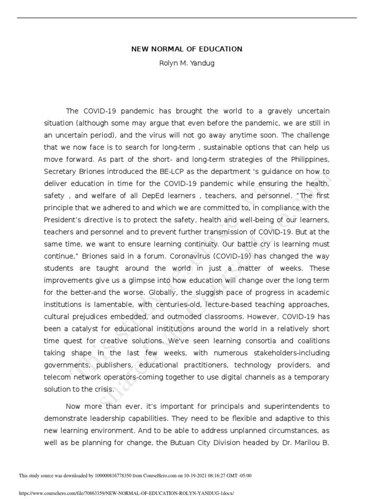 New Normal of Education Rolyn Yandug 1 | PDF | Teachers | Educational ...