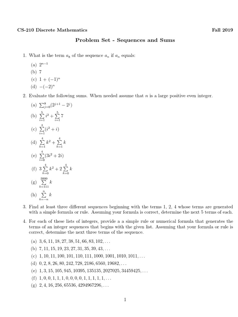 Sequences and Sums Problem Set | PDF | Summation | Sequence