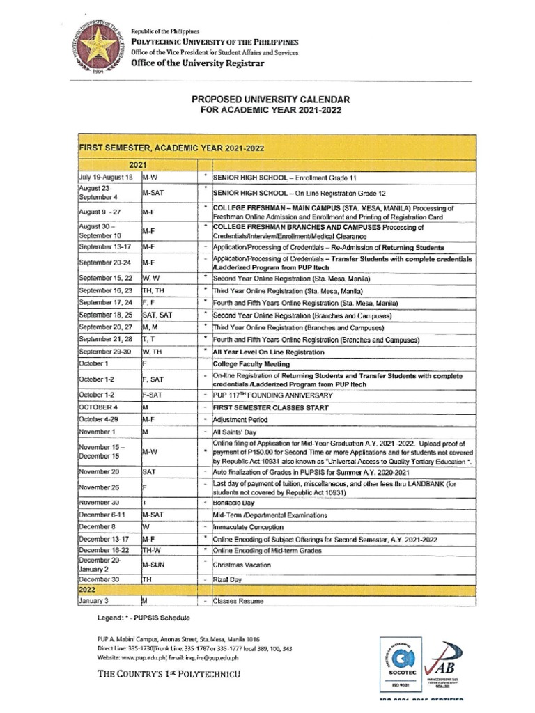 University Calendar S.y. 2021-2022 | Pdf