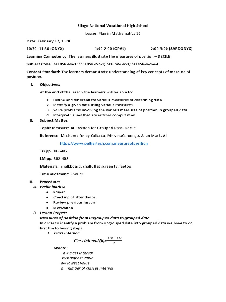 Deciles in Grouped Data Lesson Plan | PDF | Interval (Mathematics ...