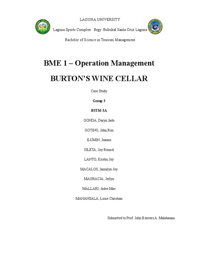 BME 1 Operation Management Burton'S Wine Cellar PDF Inventory