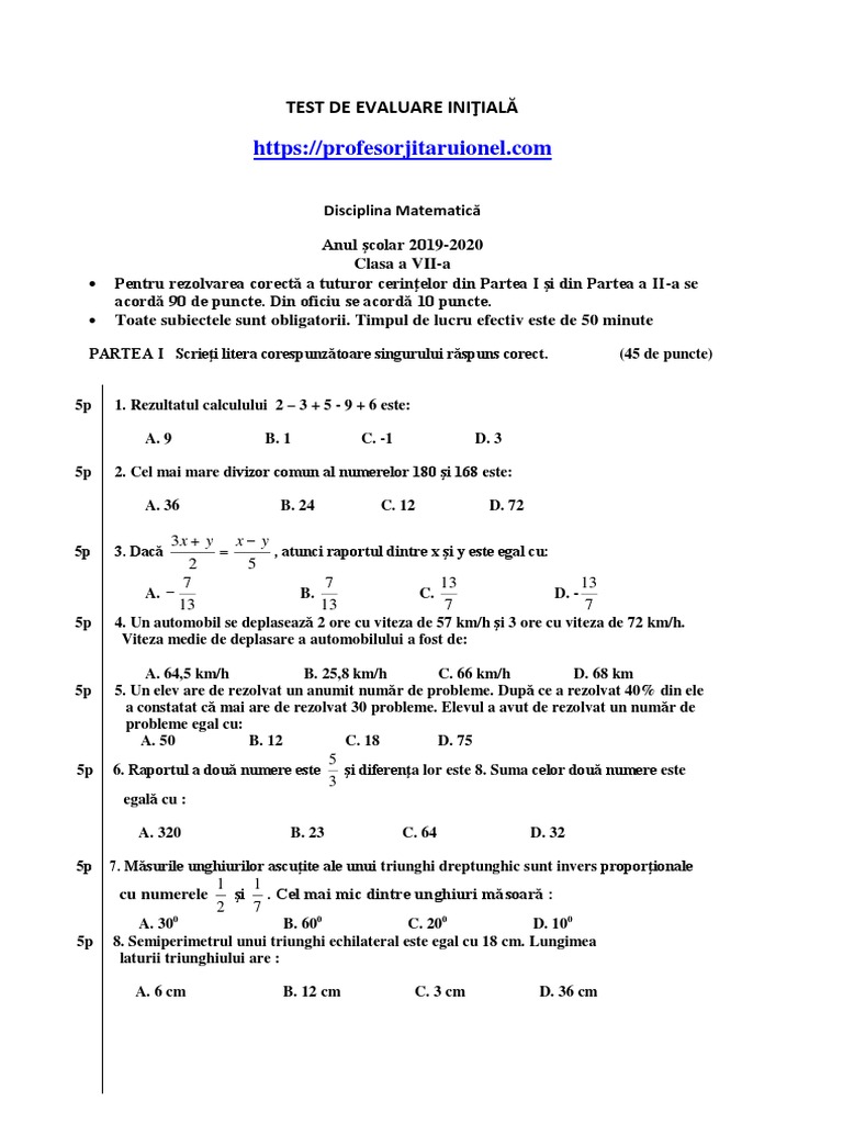 Test de Evaluare Intiala Clasa A 7 A Matematica An Scolar 2019 2020 | PDF
