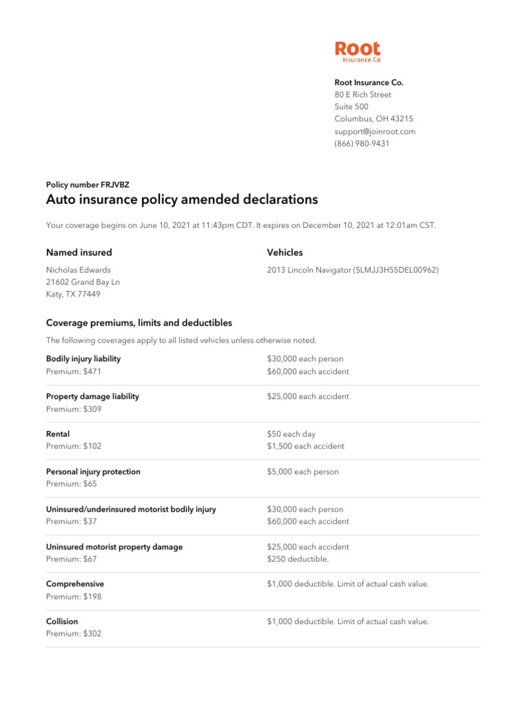 Root Insurance Auto Policy Declaration | PDF | Vehicle Insurance ...