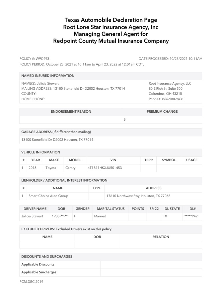 Texas Auto Insurance Declaration Page | PDF | Insurance | Deductible