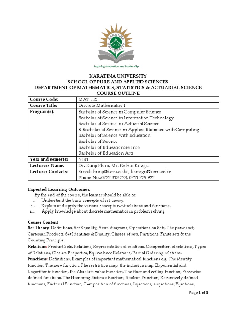 MAT 115 Discrete Mathematics I Outline | PDF | Set (Mathematics ...