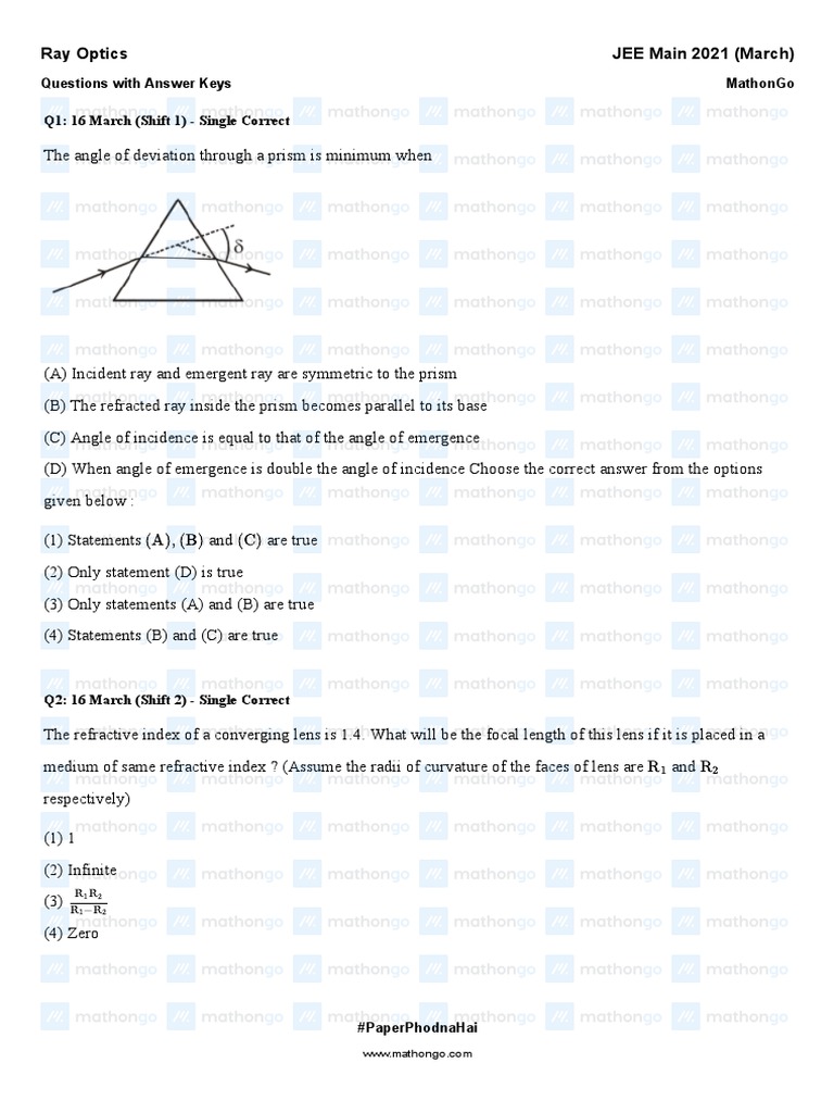Mathongo Question Ray Optics Jee Main 2021 March Chapterwise