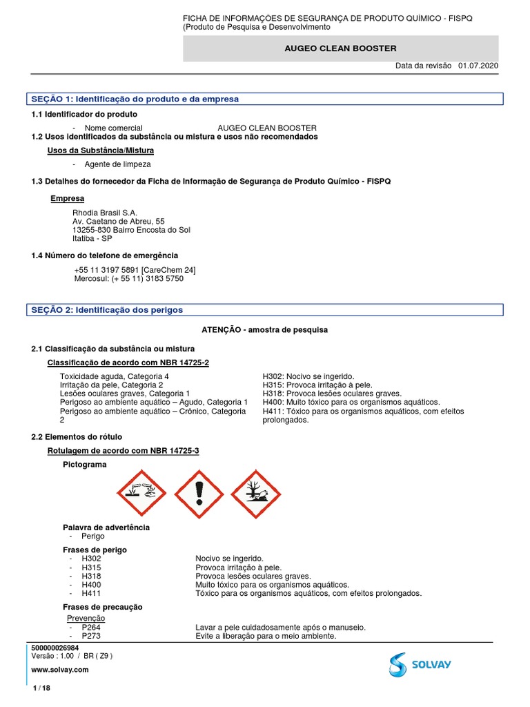 Augeo Clean Booster - FISPQ, PDF, Águas residuais