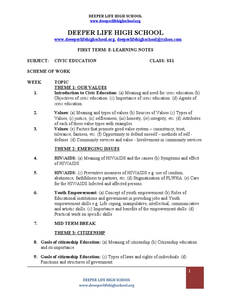 Civic Education ss1 First Term. PDF Hiv/Aids Self Defense