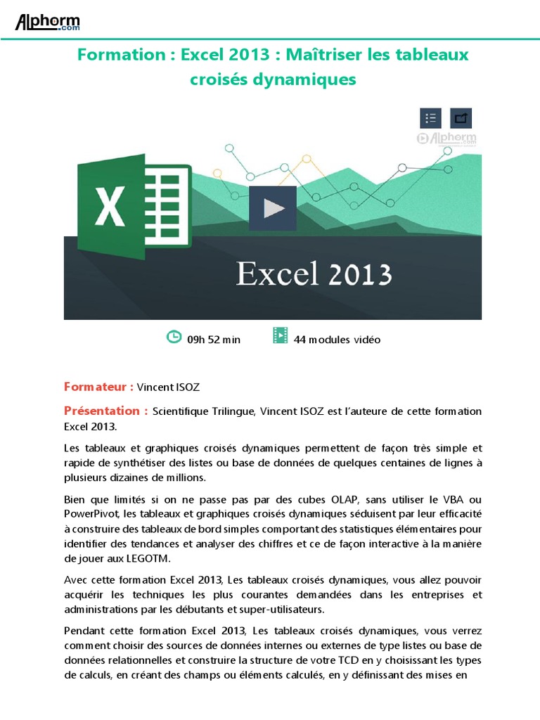 Alphorm Fiche Formation Excel 2013 TCD | PDF | Microsoft Excel ...