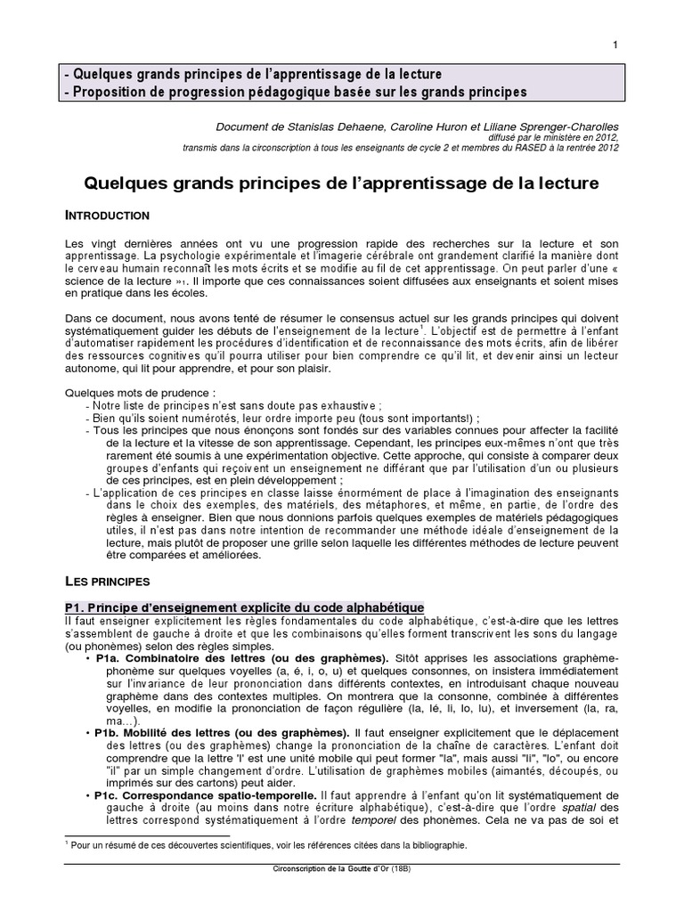 Principes de l'apprentissage de la lecture | PDF | Linguistique ...