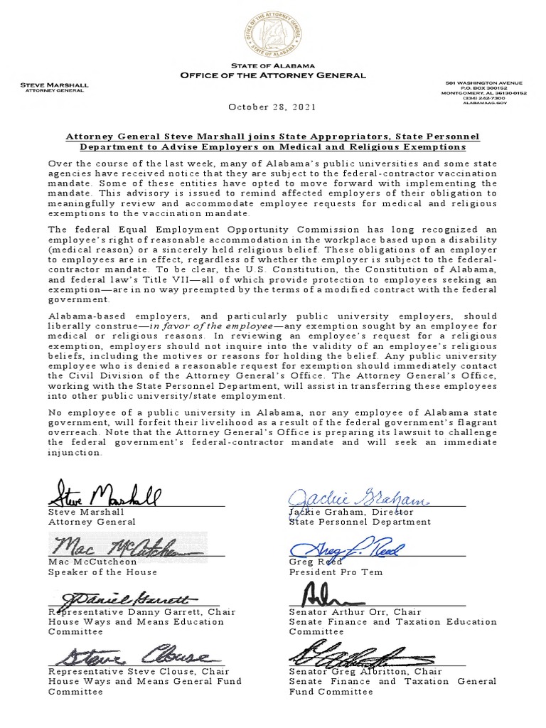 Alabama Religious Exemption Advisory | PDF | Employment | Justice