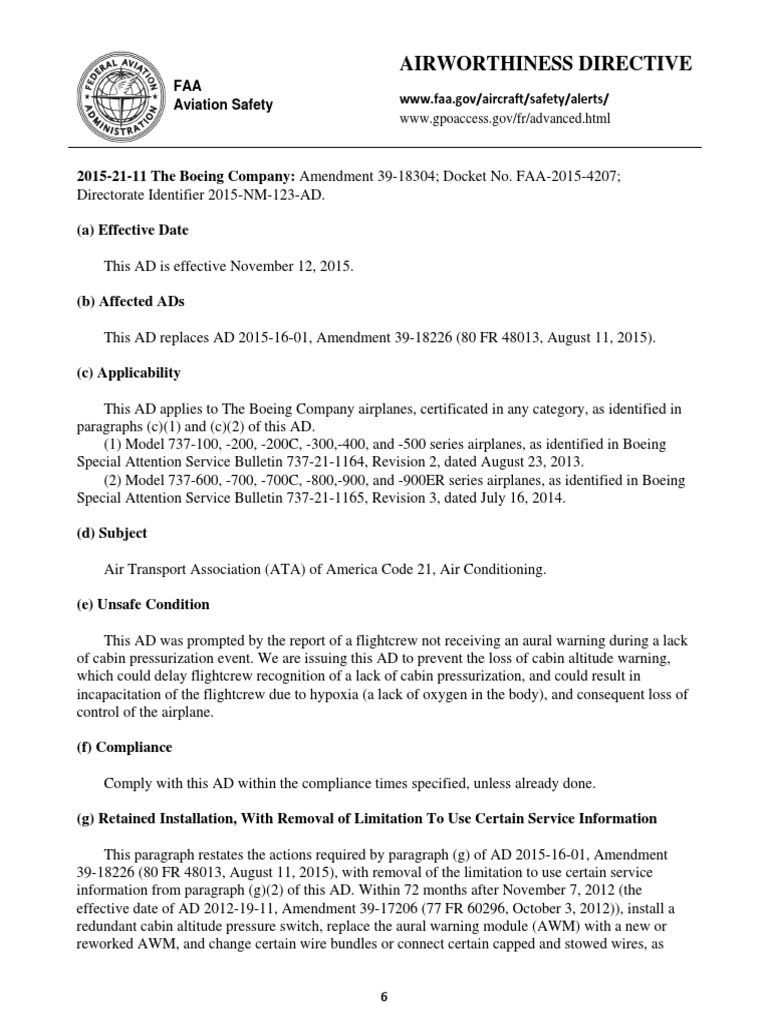Airworthiness Directive FAA Aviation Safety WWW Faa.gov/aircraft/safety/alerts PDF