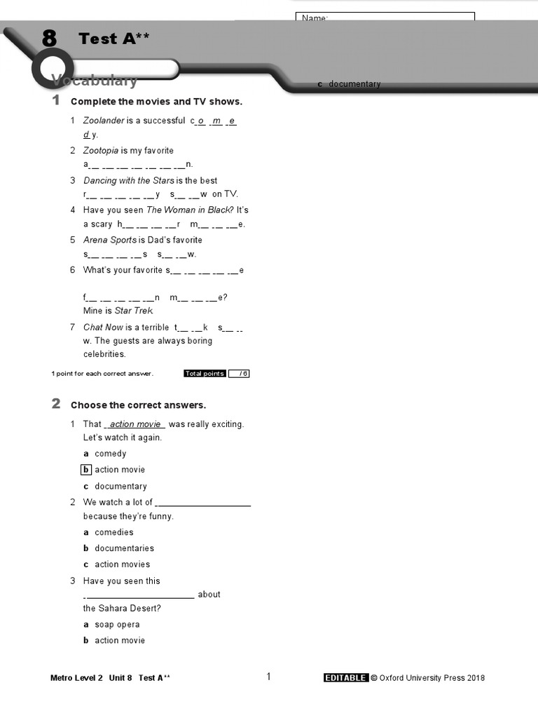 Metro Level 2 Unit 8 Test A Two Stars | PDF