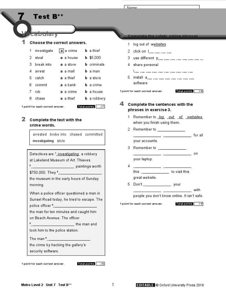 Metro Level 2 Unit 7 Test B Two Stars | PDF